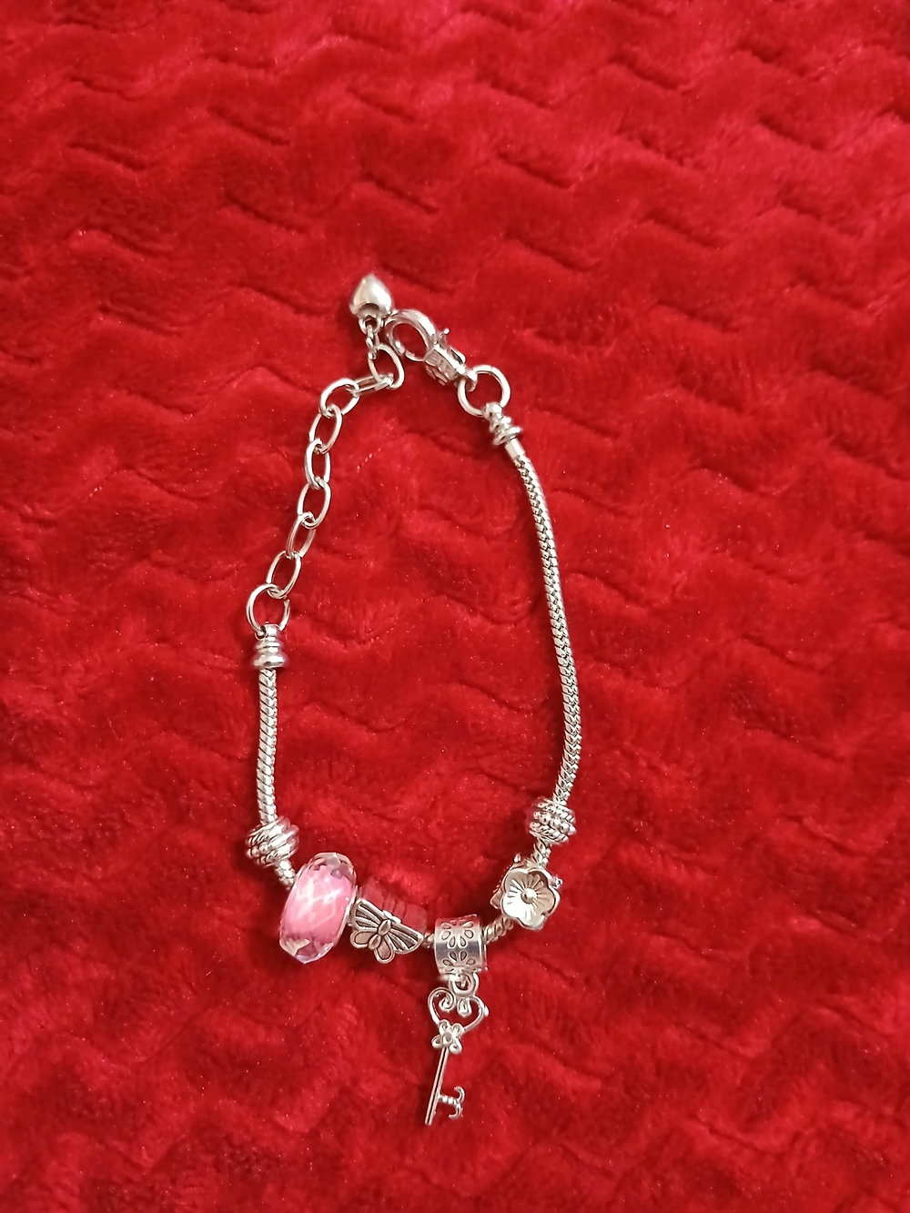 Silver Charm Bracelet with Pink Glass Bead and Key Charm